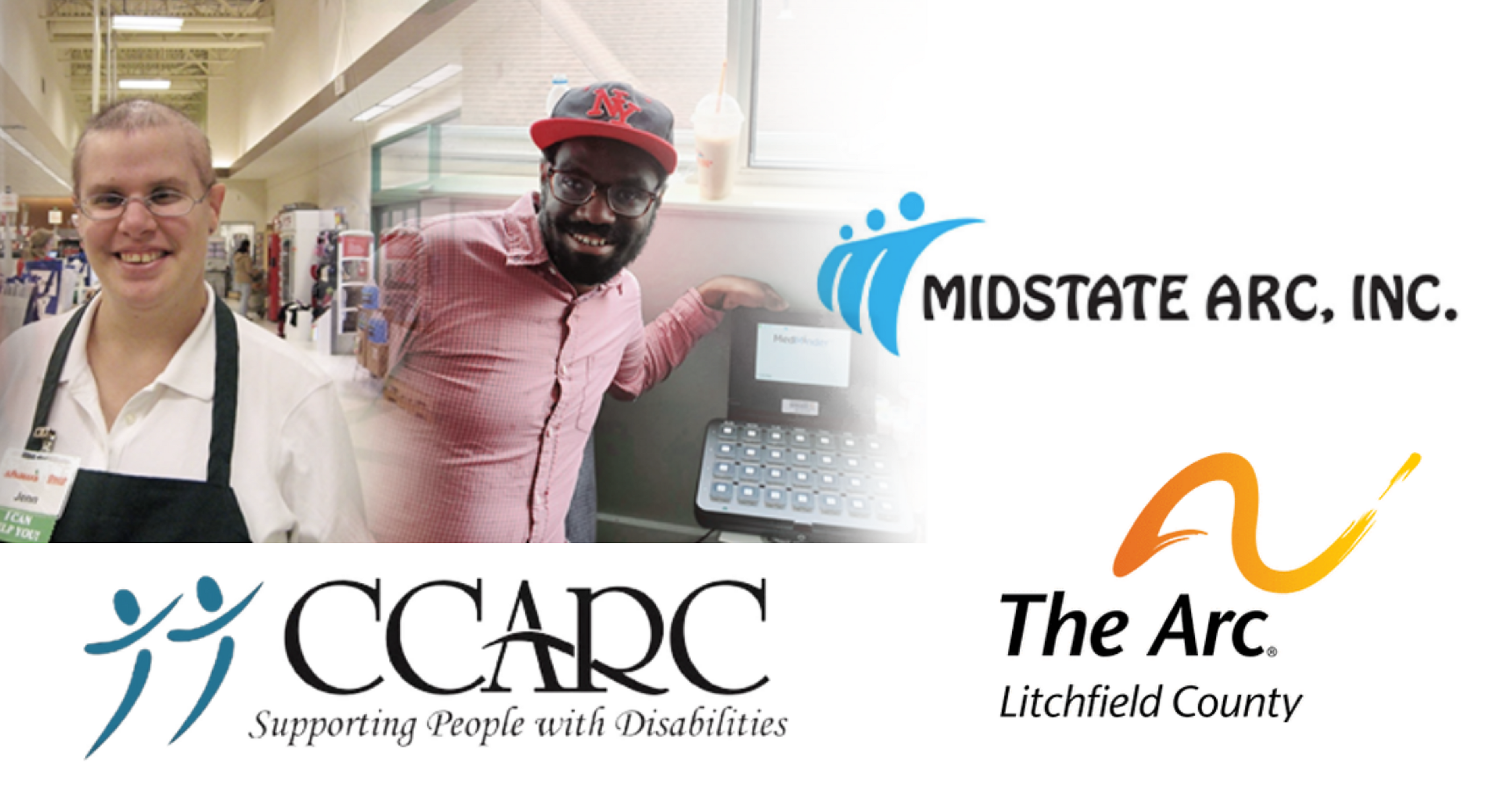 Logos of 3 CT Arc Organizations, along with picture of 2 clients smiling