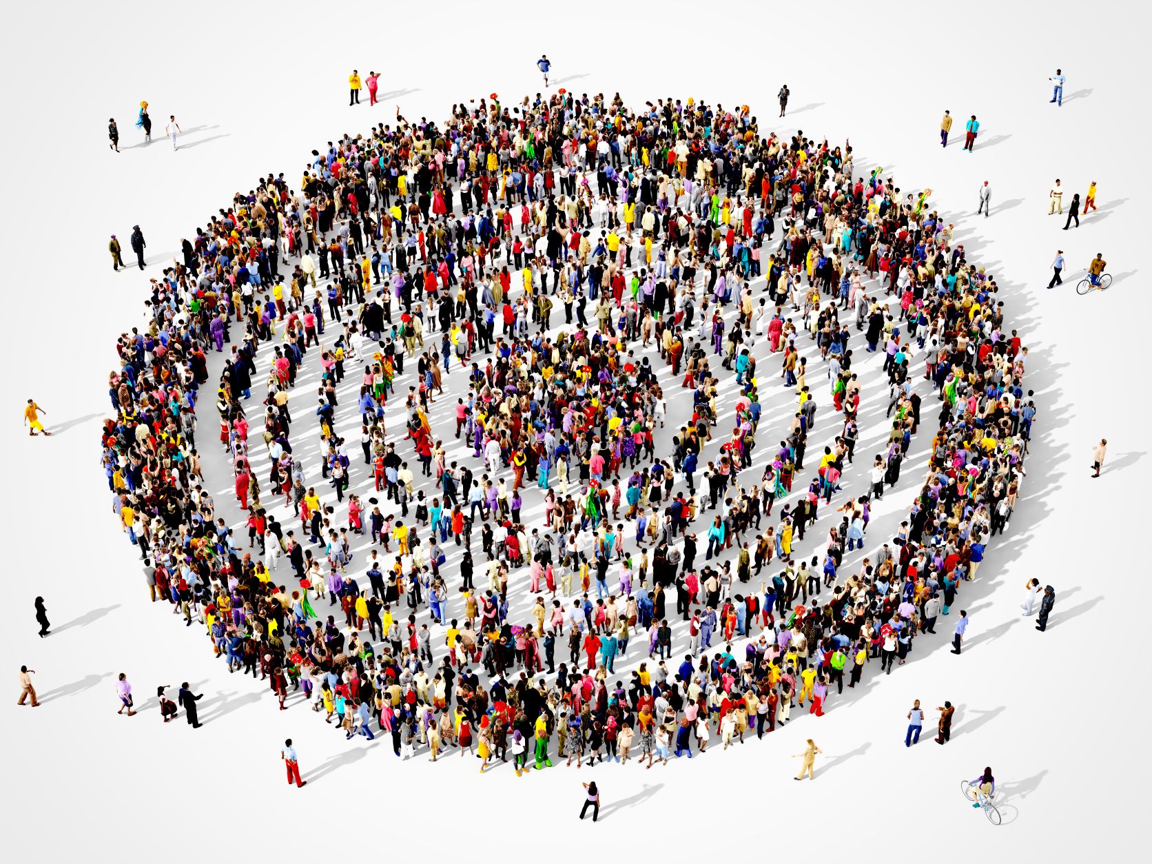colorful concentric circles of people gathering 